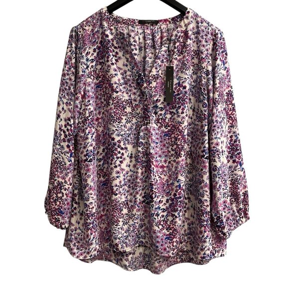 Tahari Top Women 2X Pink Purple Floral Chiffon Pullover Tunic Blouse Lightweight - Picture 1 of 10